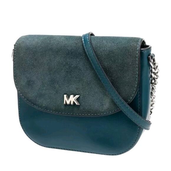 Michael Kors Half Dome Crossbody Bag Teal Green Suede & Leather Chain Strap Smal - Picture 2 of 7